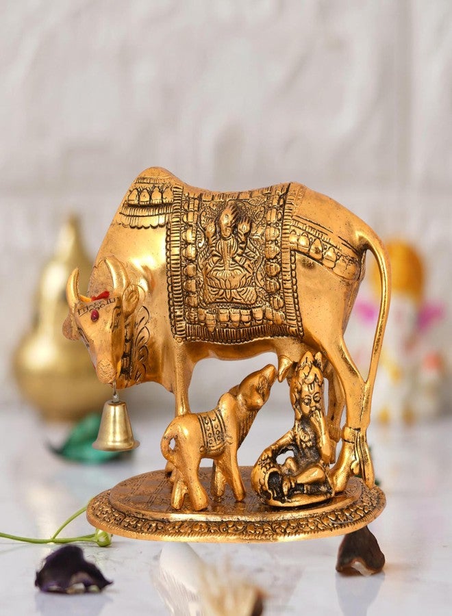 CHHARIYA CRAFTS تمثال بقرة كامدهينو مع عجلها من المعدن من إنتاج شركة تشاريا كرافتس، قطعة ديكور منزلية وهدية مثالية للمنزل والمكتب، تمثال تذكاري لجلب الحظ السعيد. - Image 1